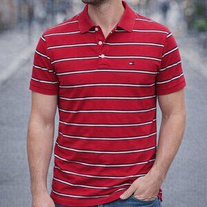 Tommy Hilfiger Men’s Polo Shirt Red Striped Classic Short Sleeve Cotton Size XL
